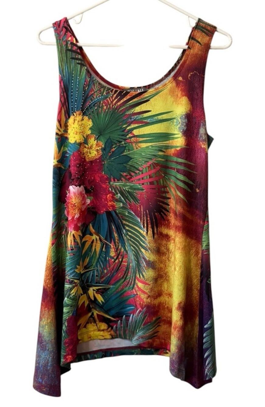 Roz & Ali Women Sz Small Pullover Vibrant Tunic Tank Top Studded Tropical Floral